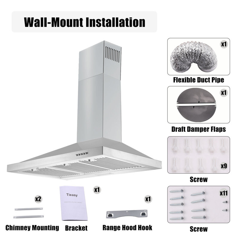 Tieasy-Wall Mount Luzes LED Gama Hood, duto, Ductless, botão conversível, filtros permanentes, 36 ", 450CFM, ZMG-0190B