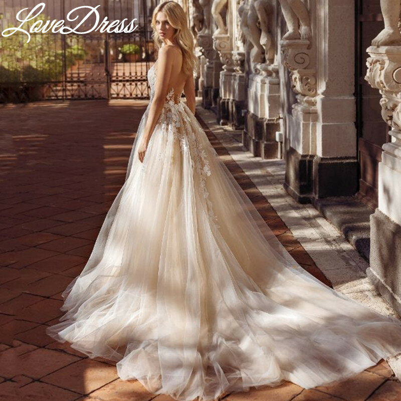 LoveDress – robe De mariée sans manches, col rond, Appliques en dentelle, Tulle, Illusion, dos nu, fermeture éclair, traine