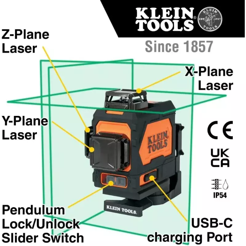 Klein Self-Nivelamento Nível Laser, Verde 3x360-Deg aviões, bateria recarregável, montagem magnética, Laser Classe II, 93PLL