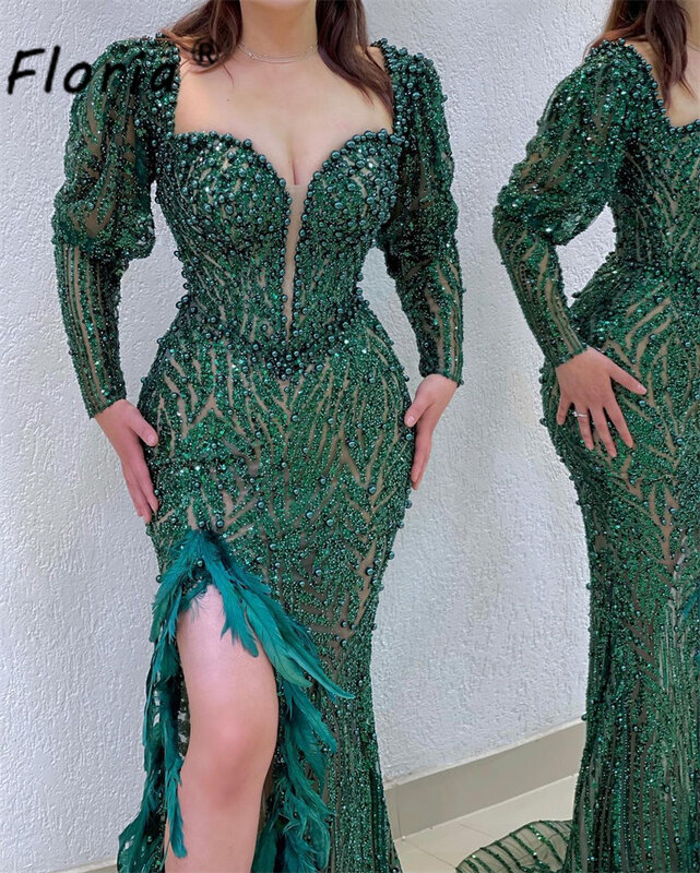Elegant Dubai Emerald Green Mermaid Evening Dresses Feather Sequin Slit Wedding Party Dress Pearls Long Sleeves Formal Occasion