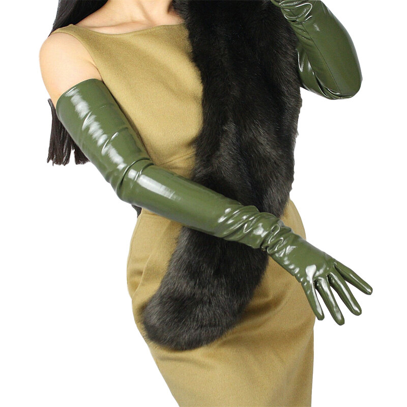 DooWay Women's Latex Look Gloves Shine Olive Army Green Faux Patent Leather Fashion Cosplay Dressing Opera Evening Glove