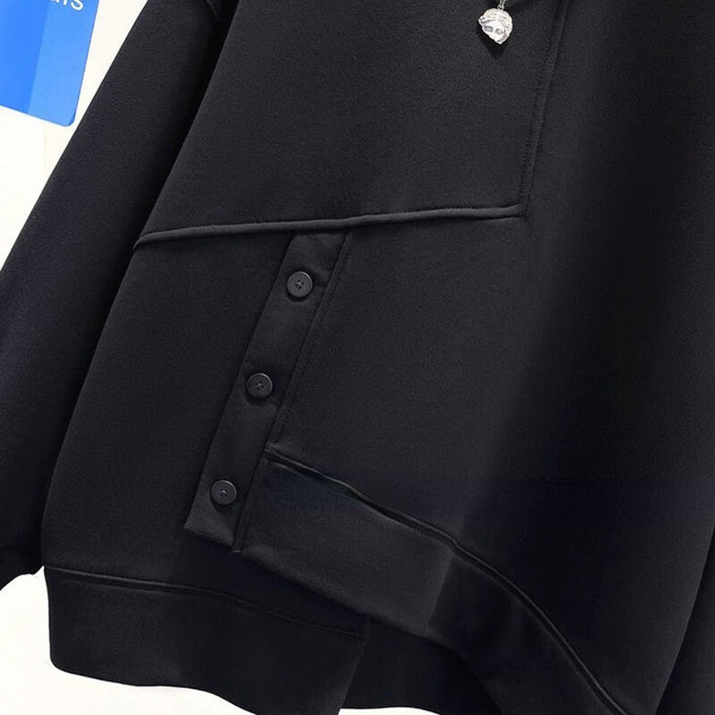 Qweek kawaii-女性用の非対称フード付きスウェットシャツ,黒と白の非対称セーター,韓国の長袖ネックレス,細い秋