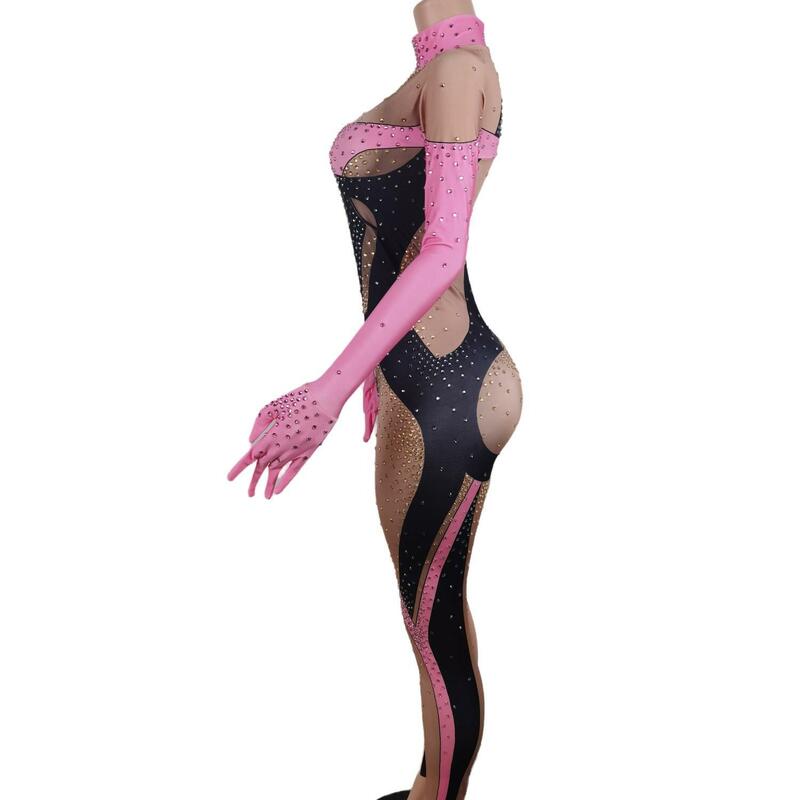 Pink Spandex Stones Jumpsuit with Gloves Female Singer Performance Bodysuit Birthday Celebrate Leggings Outfit Fenmo