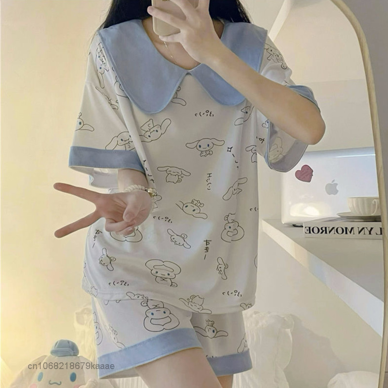 Sanrio koszula nocna Cartoon Cinnamoroll 2 sztuka zestaw kobiety komplet piżamy letnie ubrania domowe Y2k topy szorty koreański styl bielizna nocna