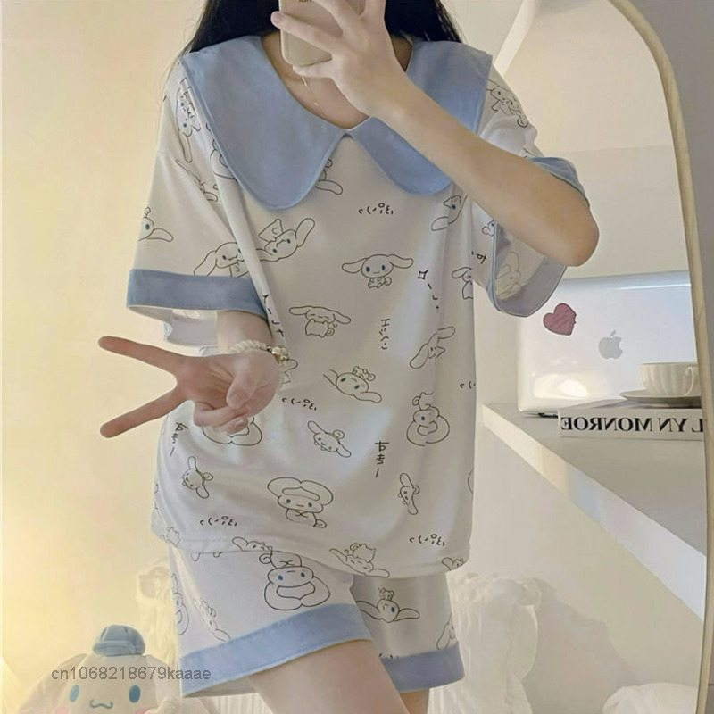 Sanrio Nightdress การ์ตูน Cinnamoroll 2ชิ้นชุดสตรีชุดนอนฤดูร้อนเสื้อผ้า Y2k กางเกงขาสั้นสไตล์เกาหลีชุดนอน