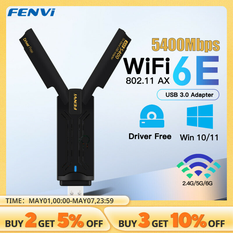 FENVI AX5400 Dongle adaptor USB WiFi 6E, Dongle adaptor USB Tri Band 2.4G/5G/6GHz USB 3.0 WiFi 6 antena kartu jaringan untuk Laptop Win10/11 Driver gratis