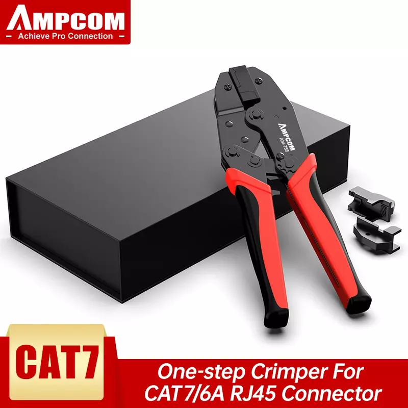 AMPCOM One-step RJ45 Ratcheting Crimper Network Tool for Cat6A, Cat7 Shielded Connector with 2pcs Replaceable crimping dies