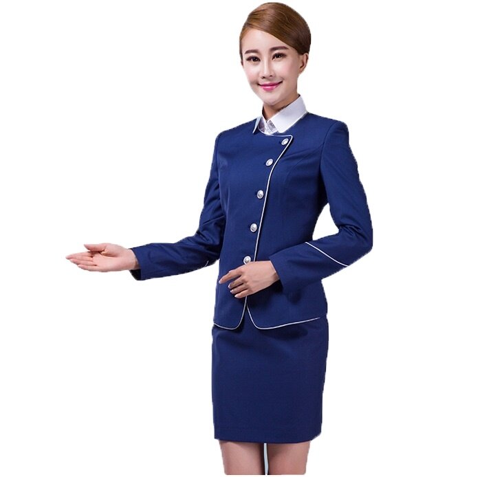 Rok biru elegan seragam pramugari maskapai seragam seksi pramugari untuk wanita
