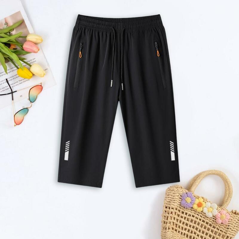 Soft Touch Men Pants Men's Ice Silk Cropped Pants with Zipper Pockets Elastic Waistband Quick Dry Technology for Athletes