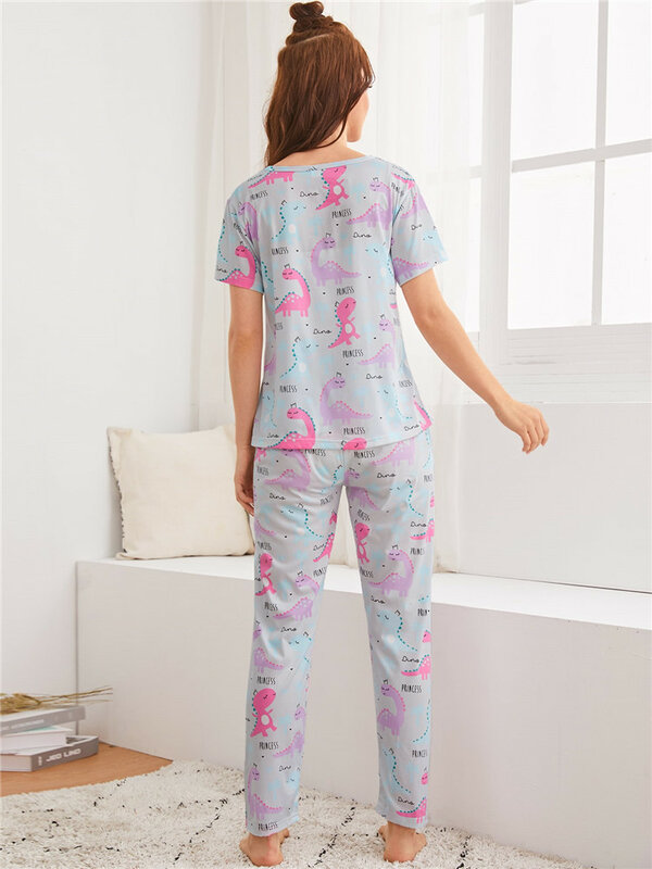 Pigiama da donna Set 2 pezzi pigiama con stampa animalier morbido pigiameria primavera estate manica corta pantaloni lunghi Pijama Mujer Pjs Homewear