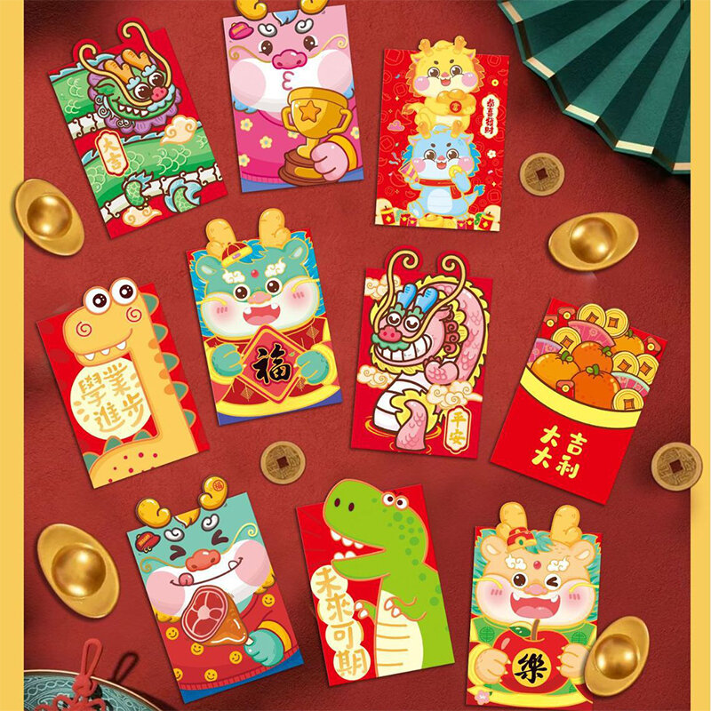 6 buah/Set amplop merah naga lucu Hongbao untuk 2024 Festival Musim Semi Tahun Baru saku merah paket uang keberuntungan kartun tas hadiah