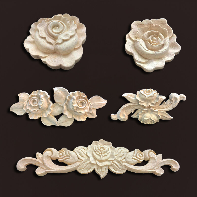 ไม้แกะสลัก Onlays Rose Appliques Decals สำหรับเฟอร์นิเจอร์ไม้โบราณการตกแต่งบ้านไม้ตกแต่งเฟอร์นิเจอร์ไม้ดอกไม้ Crafting