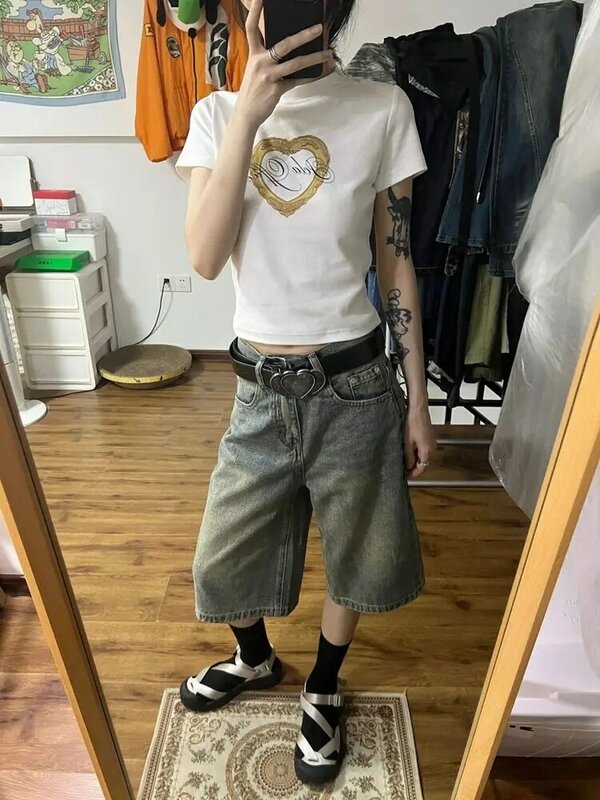 ADAgirl celana pendek Denim wanita, celana pendek Jeans Harajuku Chic kasual pinggang tinggi lurus Y2k Hip Hop musim panas gaya Korea