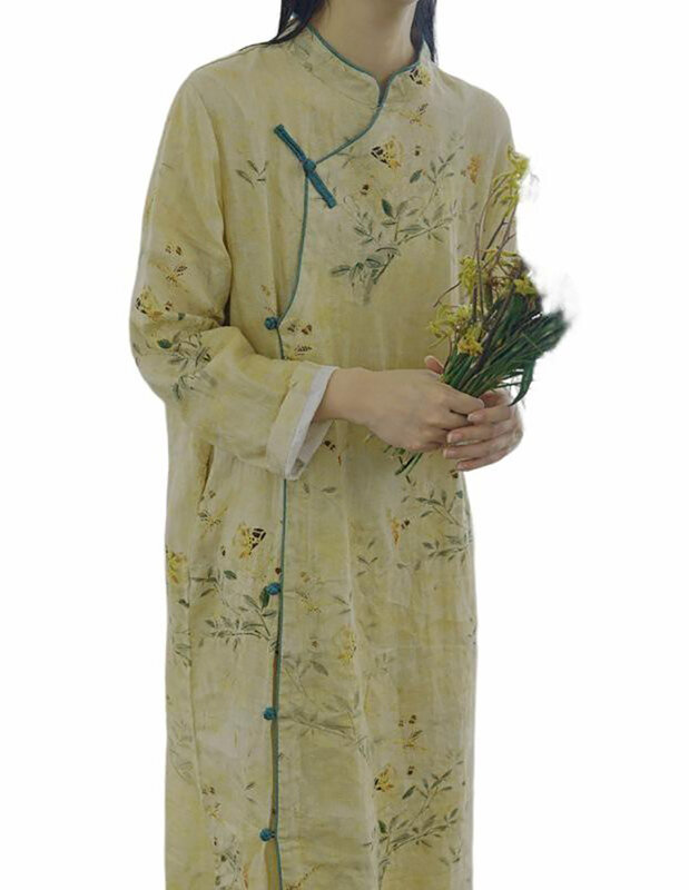 فستان نسائي بأكمام طويلة بياقة مستقيمة بطبعة أزهار ، أرواب على الطراز الصيني ، ملابس نسائية غير رسمية ، شيونغسام