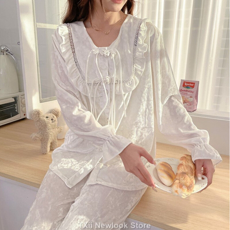 Pijama feminino de veludo dourado, doce estilo princesa, sentido de alto nível, estilo casual coreano, terno de casa, outono, novo, 2023