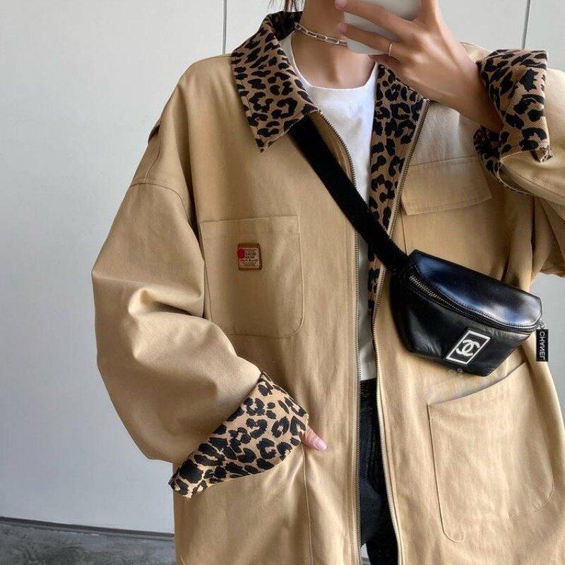 Leopard Jackets Women Korean Fashion Loose Double Wear Designed All-match Simple Popular Streetwear Retro Spring Students Cozy