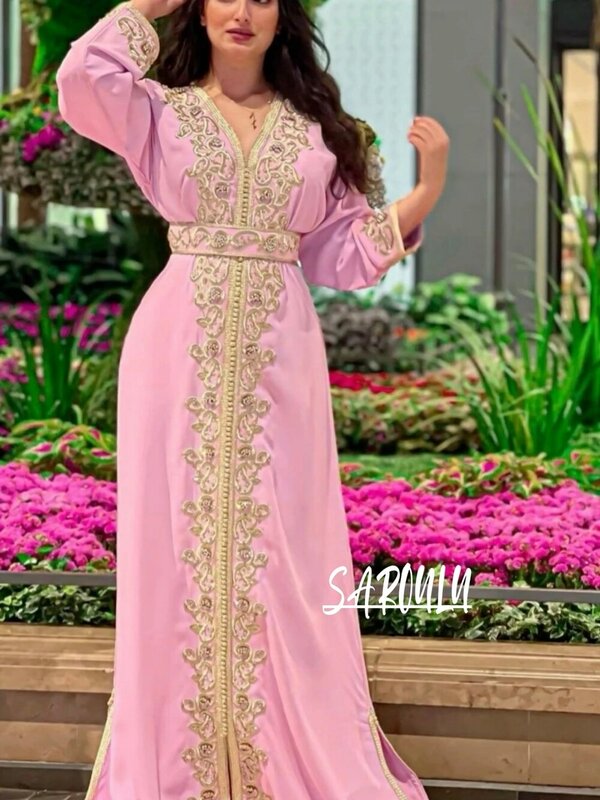 Vestido de noite argelino A-line Apliques feminino, vestido até o chão, vestido nupcial vintage, rosa, decote em v, festa