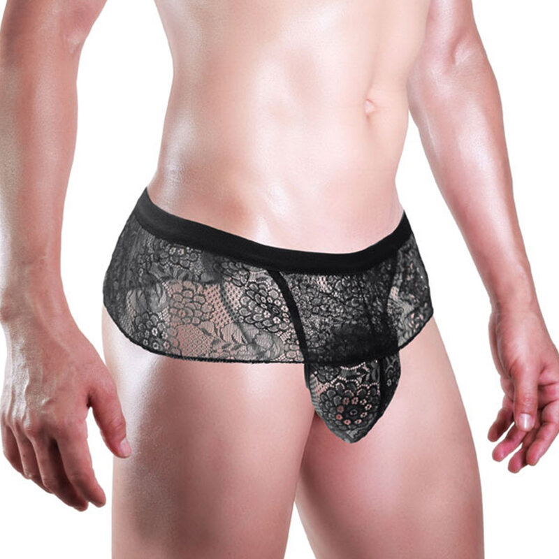 Men's Transparent Pouch Sissy Panties Sexy Full Lace Bikini Briefs Elastic Breathable Solid Sheer Low Waisted Bikini Underwear