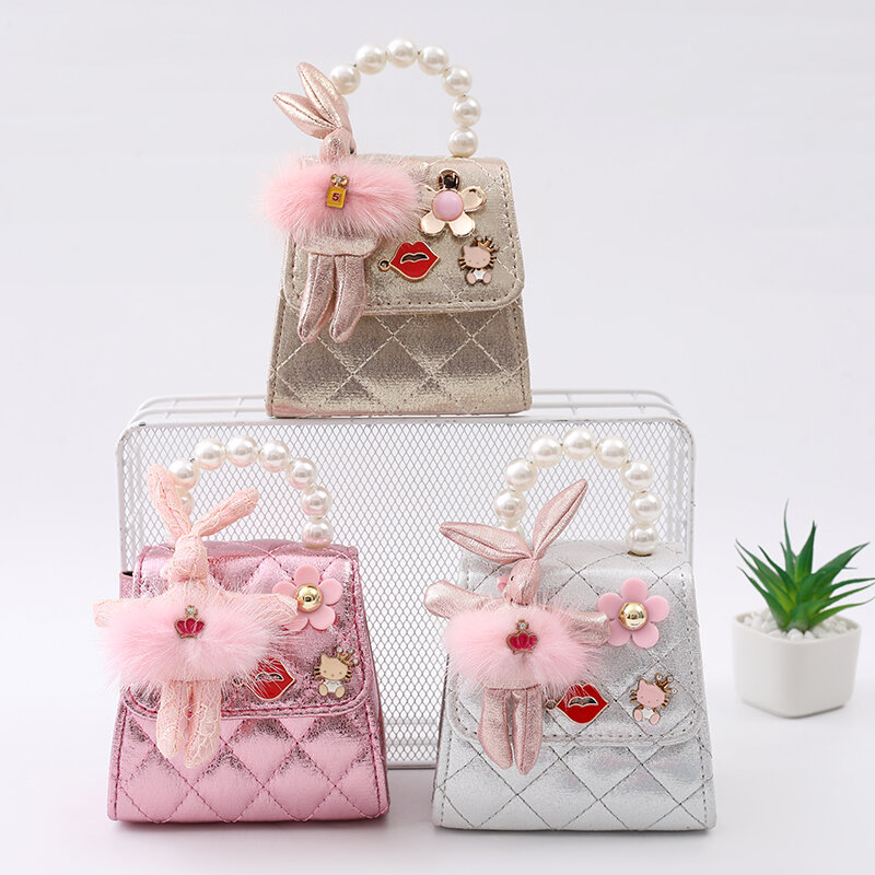 Girls' handbag pink children's wallet and handbag Beaded classic girls' zipperless crossbody bag Fashion new product applique