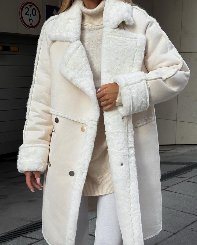 Женское пальто, новинка зима 2023, меховое замшевое пальто, длинный кардиган с воротником-костюмом, плюшевое однотонное пальто для сна, зимняя одежда для женщин