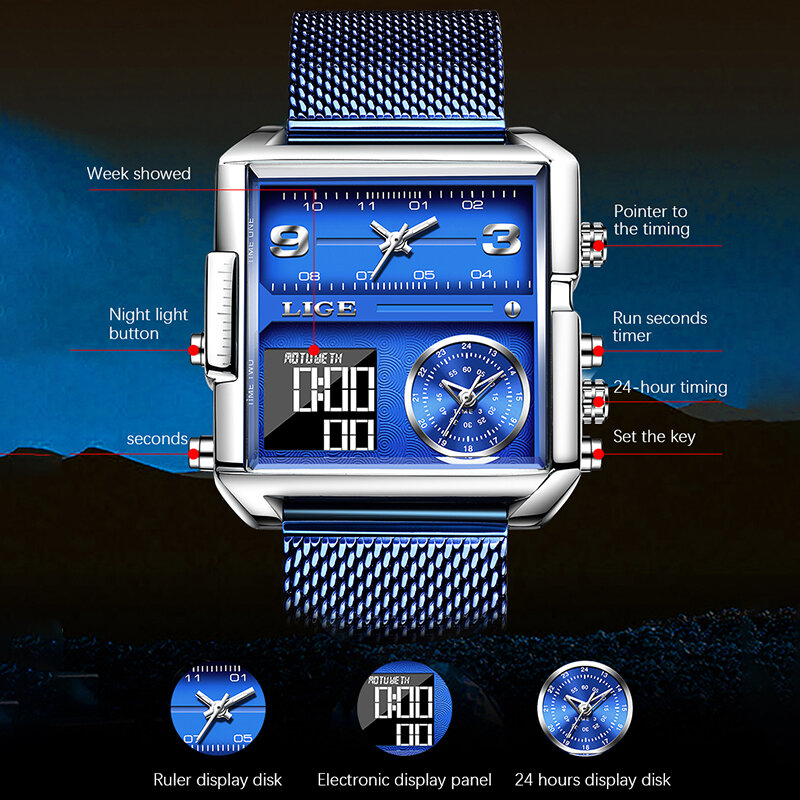 LIGE luksusowe mężczyźni cyfrowy zegarek kwarcowy kreatywny Sport zegarki męskie zegarek wodoodporny zegar Montre Homme Relogio Masculino + box
