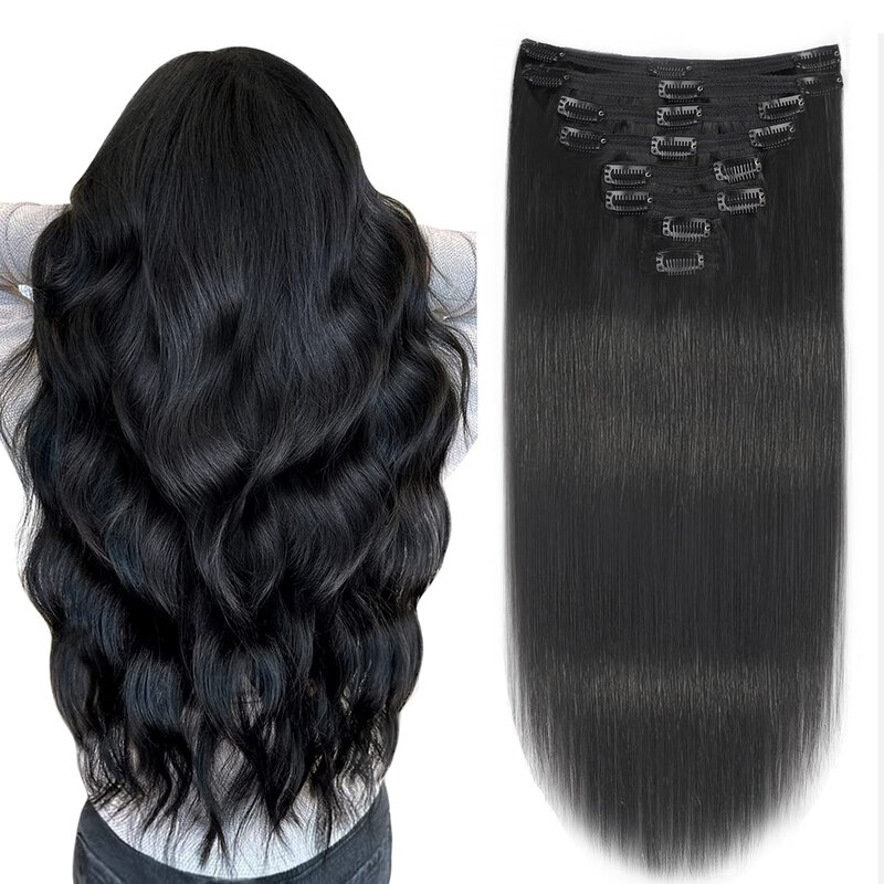 Klip dalam ekstensi rambut lurus Brasil klip rambut manusia dalam warna hitam alami klip rambut Remy mulus klip Ins untuk wanita