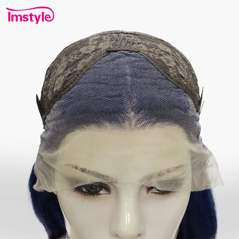Синий парик Imstyle, парик на синтетической сетке спереди, длинные волнистые парики на сетке для женщин, натуральные волосы, без клея, термостойкий парик для косплея