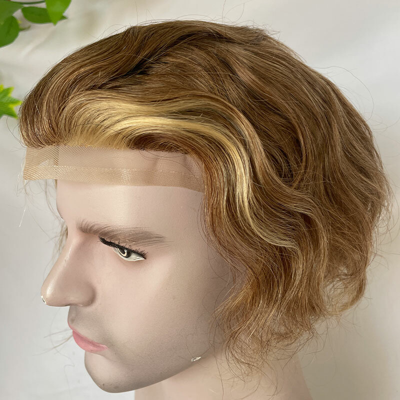 Tupé de encaje completo para hombres, postizo humano suave y fino, pelucas de cabello suizo, sistema de reemplazo, 10x8, 4H27/613