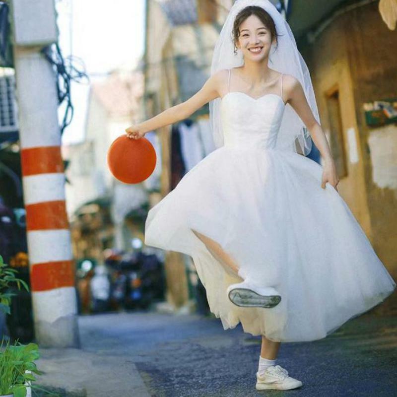 Zoete Korte Bruiden Trouwjurken Eenvoudige Spaghettibandjes Tule Koreaanse Trouwjurk Klassieke Boot Hals Trouwjurk Voor Vrouw