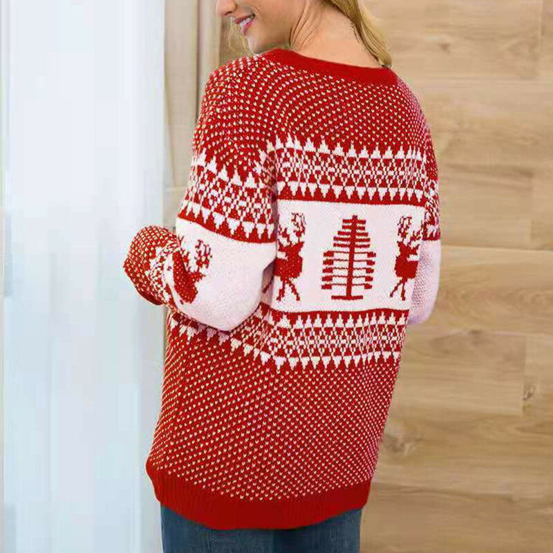 여성용 라운드 넥 긴팔 스웨터, 크리스마스 트리 패턴, 뜨게 루즈 스웨터, 캐주얼 다목적 블라우스