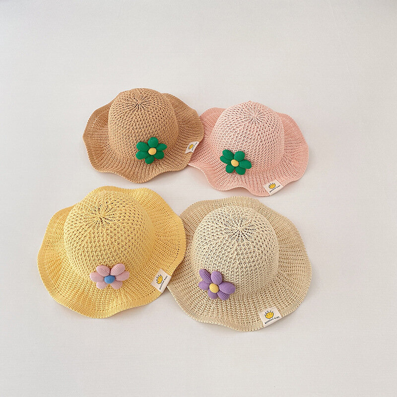 子供用の通気性のある花の帽子,子供用の麦わら帽子,素敵なバイザー,単色,ニット,夏のビーチ