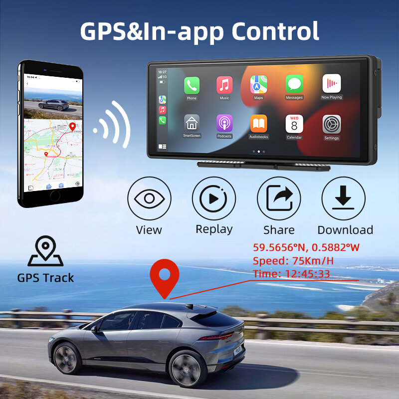 4K Dash Cam 10.26" Wireless CarPlay Android Auto Rotatable Camera DVR Automobile Video Recorder Monitor GPS Navigation Park AUX