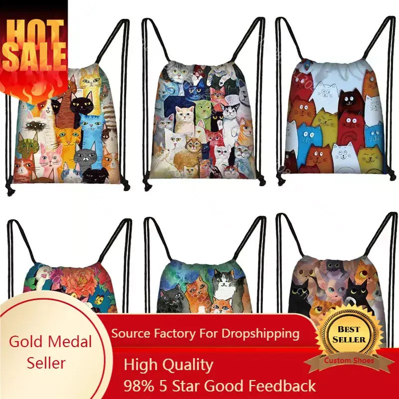 Bolsa de gimnasio con cordón para niñas, bolsa con estampado 3D de gato de colores, mochila portátil para compras, bolsa de zapatos escolares de moda para niñas