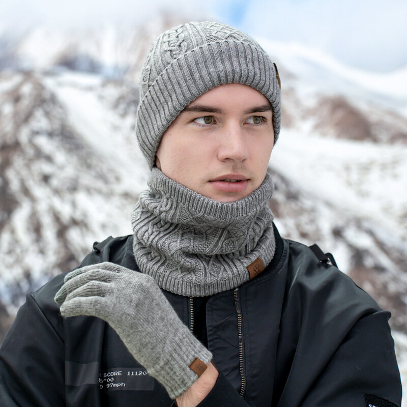 Gants et écharpe en laine à écran tactile pour hommes et femmes, bonnet chaud rembourré, coupe-vent extérieur, hiver, 3 pièces