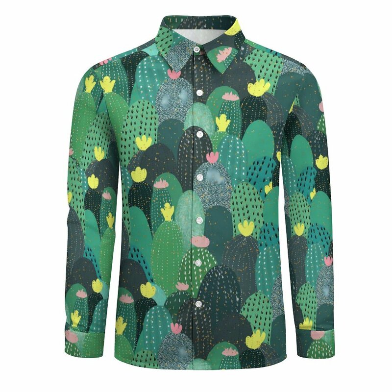 남성용 귀여운 식물 캐주얼 셔츠, 녹색 선인장 셔츠, 긴팔 패션 Y2K 블라우스, 용수철 디자인, 탑 플러스 사이즈 4XL
