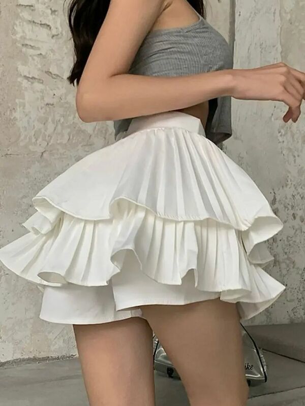 Minifalda de Cupcake en capas para mujer, falda blanca con volantes, pantalones cortos de cintura alta, Falda plisada de color liso, tutú, Y2K, Verano