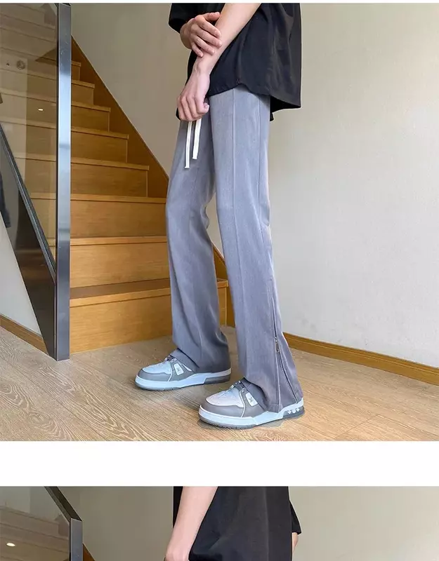 Pantalones de traje de Micro tirón divididos con cremallera para hombre, gris, efecto drapeado, Pantalones rectos Casuales