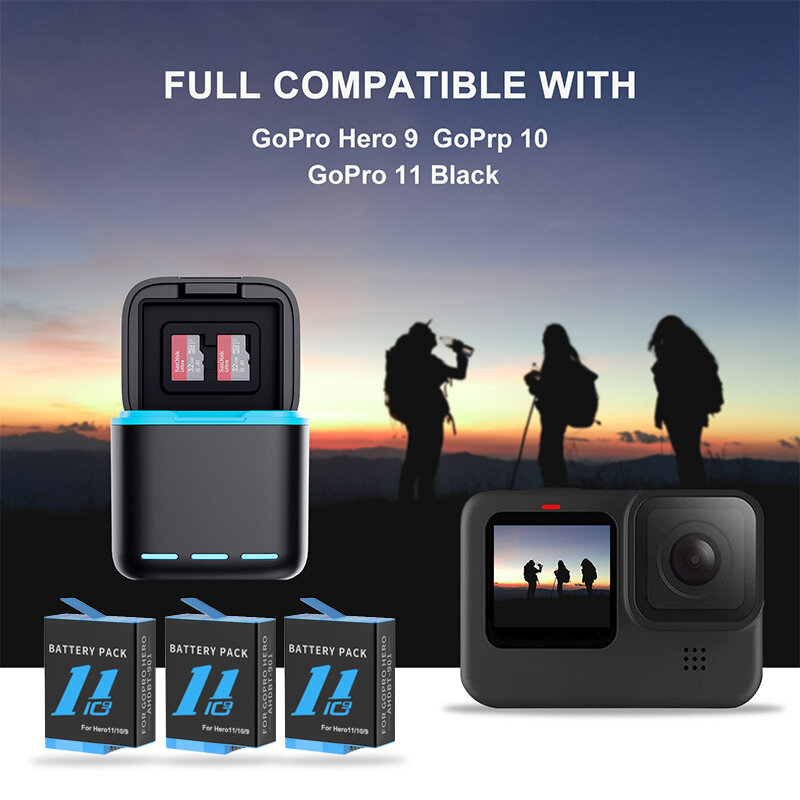 HONGDAK-cargador de batería para GoPro Hero 11, 10, 9, negro, batería de 1800mAh, 3 ranuras, Cargador rápido para Go Pro, accesorios de Cámara de Acción