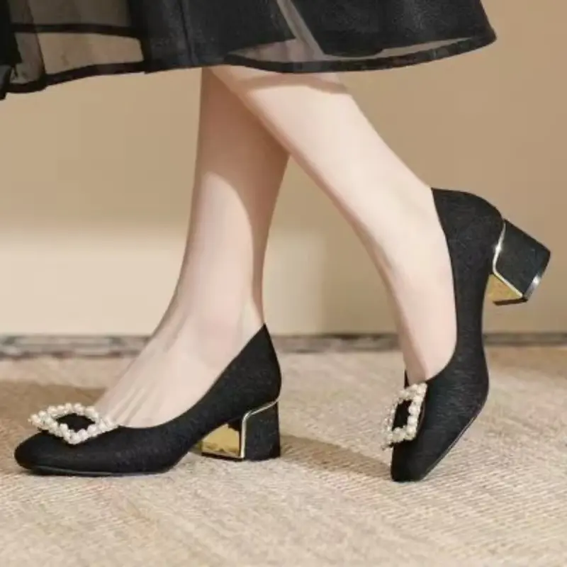Женские мюли на высоком каблуке, элегантная массивная обувь, свадебные туфли-лодочки, цвет черный