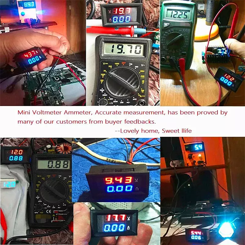 ミニデジタル電圧計,ダブルLEDディスプレイ,DC,100v,10a,パネル,電圧計,青,赤のテスター検出ツール