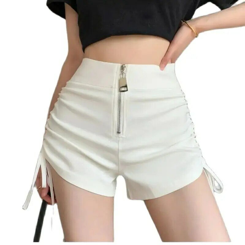 High Waisted Drawstring Tight Shorts 2024 Summer Spicy Girl Personalized Zipper Design Slim Fit Elastic Ultra Short Hot Pants