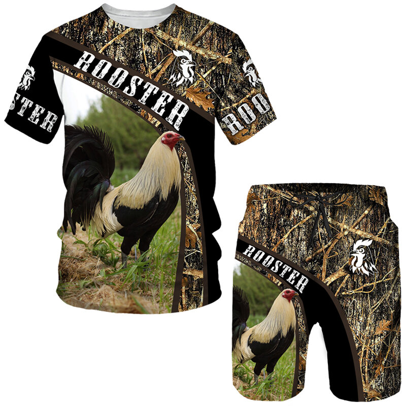 Tshirt e Shorts de galo estampado 3D dos homens, agasalho masculino, manga curta de animal galo, terno extragrande, conjunto de caça do homem, verão, 2 peças