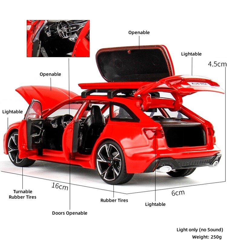 Modelo de coche de juguete en miniatura Audi RS6, juguete fundido a presión, puertas de luz y sonido que se pueden abrir, Colección educativa, regalo para niños, 1/32