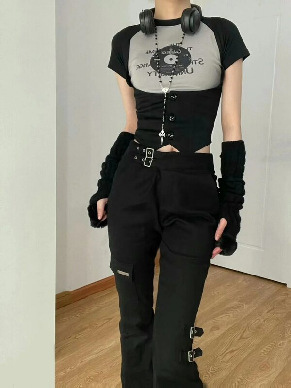 Kaus Vintage musim panas kaus wanita gaya Korea lengan pendek pakaian jalanan kaus estetika Grunge perca atasan 2022 grafis