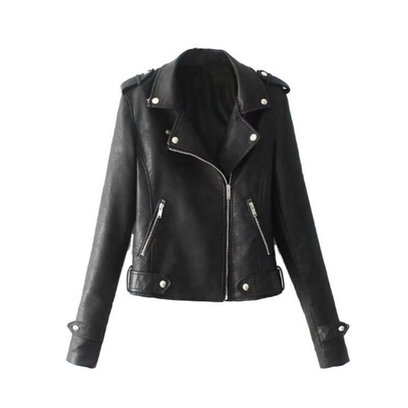 Jaqueta de couro falso de motocicleta feminina, manga comprida, lapela, casaco com zíper, monocromático
