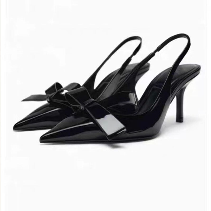 Sapatos Muller de salto alto para mulheres, bege, orvalho borboleta, boca rasa pontiagudos, couro de laca único, novo, verão, 2024