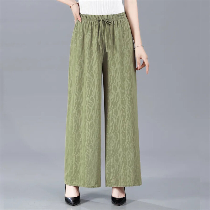 Middle-Aged And Elderly Mothers Elastic Waist Wide-Leg Pants Ladies Summer High Waist Thin Loose Casual Joker Straight Pants