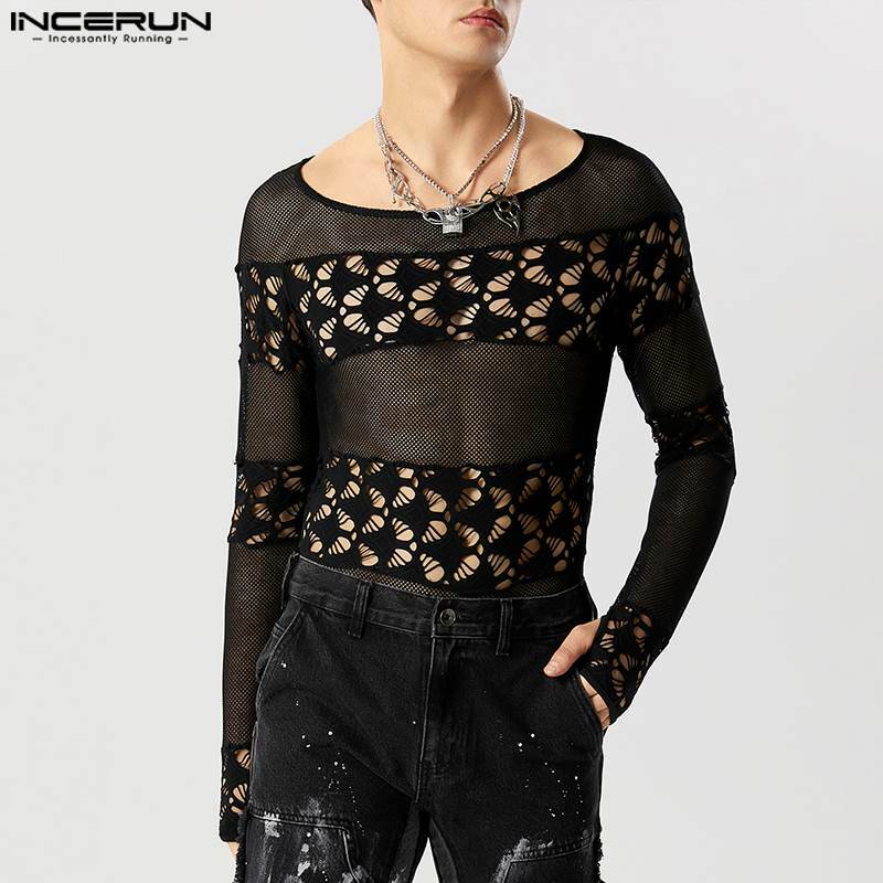INCERUN 2024 Sexy Comfortable New Men Bodysuits See-through Hollow Mesh Design Jumpsuits Male Long Sleeve Triangle Rompers S-5XL
