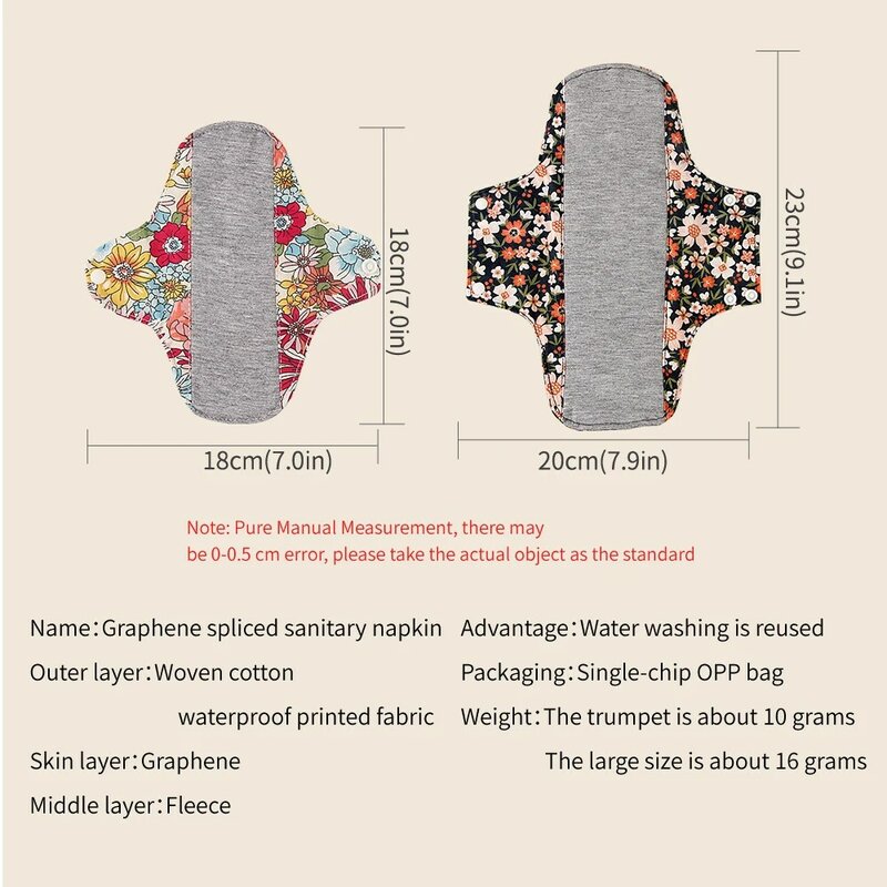 BIAI 여성용 세척 가능한 월경 패드, 방수 젖은 가방, 재사용 가능한 그래핀 위생 패드, 통기성 간호 패드, 20x23cm, 5 개