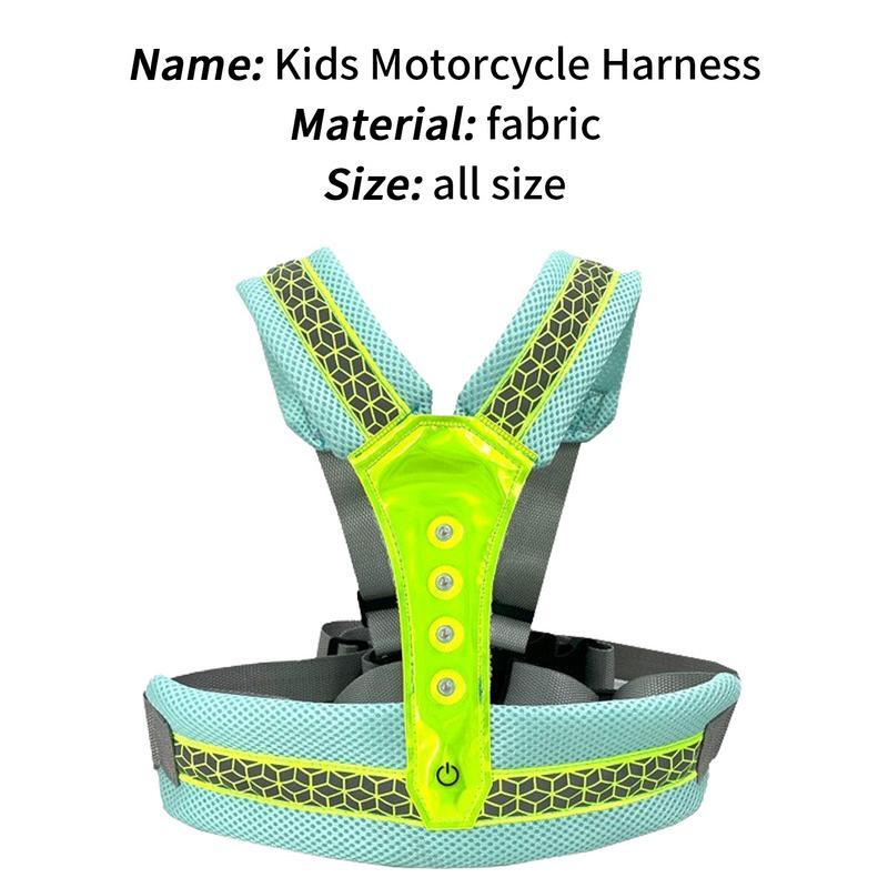 Arnés de seguridad para motocicleta para niños, correa de seguridad ajustable y transpirable para el hombro, diseño reflectante y LED